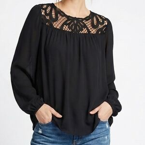 Lane Bryant Black Chiffon Blouse 22/24 Crochet Lace Yoke Keyhole Back Whimsigoth